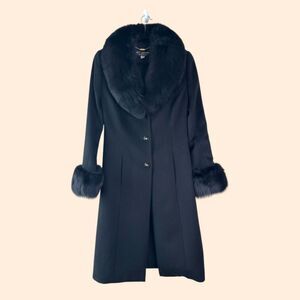 St. John Black Wool Fur Trim Coat